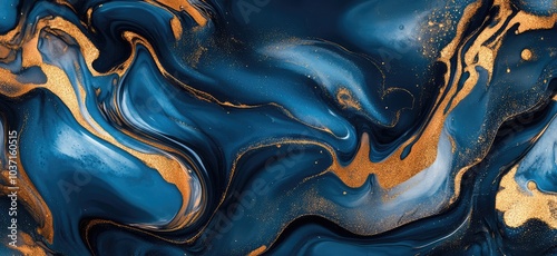 Abstract Blue and Gold Liquid Metals. AI generated illustration.