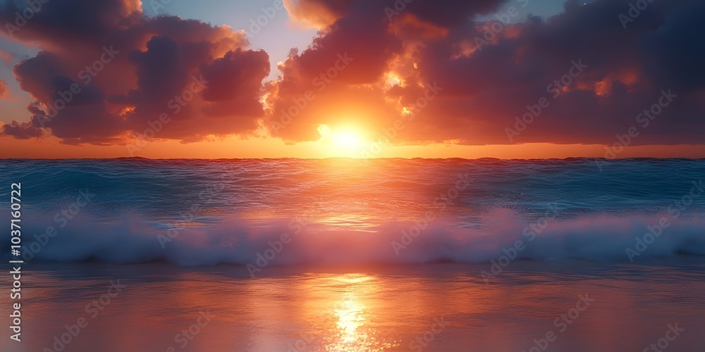 Fototapeta premium A stunning sunset over the ocean, with vibrant hues of orange, pink, and purple reflecting off the gentle waves and wet sand.