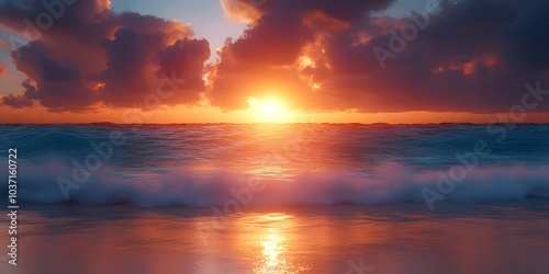 A stunning sunset over the ocean, with vibrant hues of orange, pink, and purple reflecting off the gentle waves and wet sand.