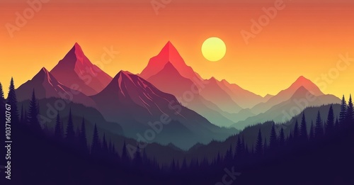 Minimalistic Mountain Landscape. AI generated illustration.