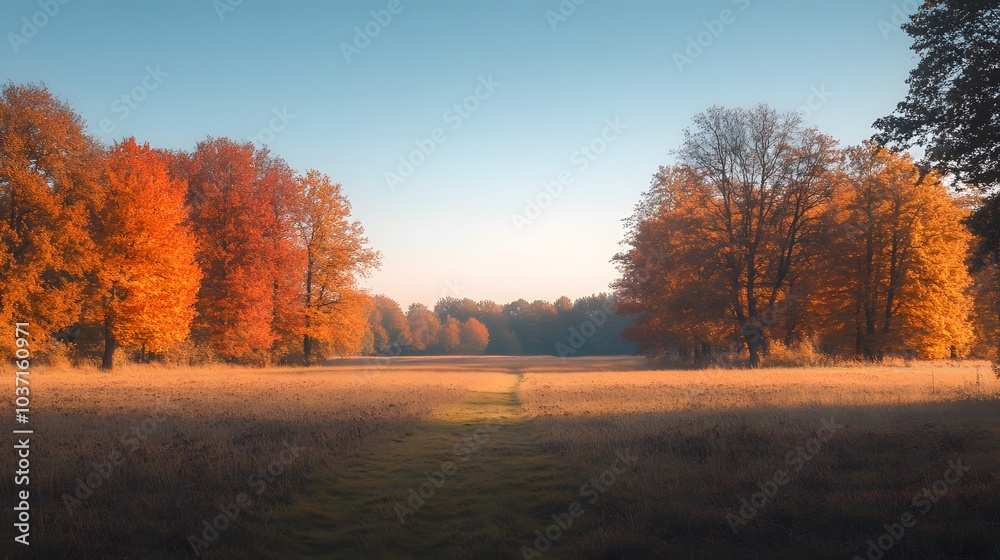 Naklejka premium 170. A vibrant autumn landscape with trees in shades of orange and gold, under a clear sky