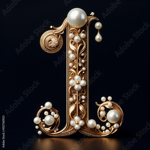 I. The letter of the Latin alphabet in the form of a luxurious openwork jewelry made of gold, decorated with precious stones, diamonds and pearls. On a black background.