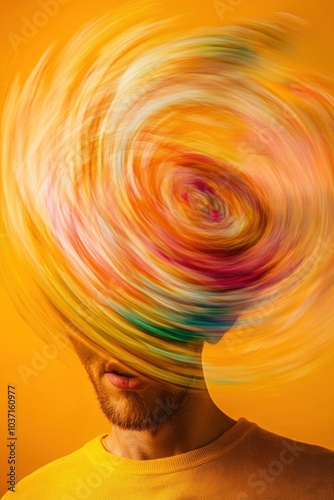 A person with a swirling, colorful effect around their head against an orange background.