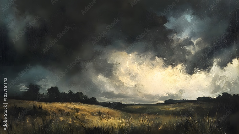 172. A dramatic stormy sky over a peaceful countryside, with dark clouds and flashes of lightning 172. A dramatic stormy sky over a peaceful countryside, with dark clouds and flashes of lightning