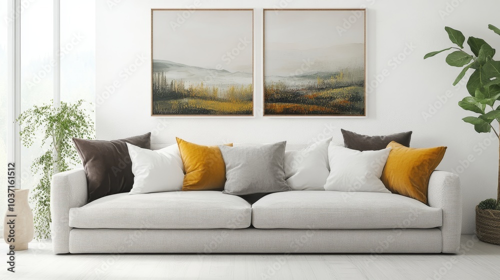 White sofa with colorful pillows set against a bright living room, highlighted by serene landscape artwork above.