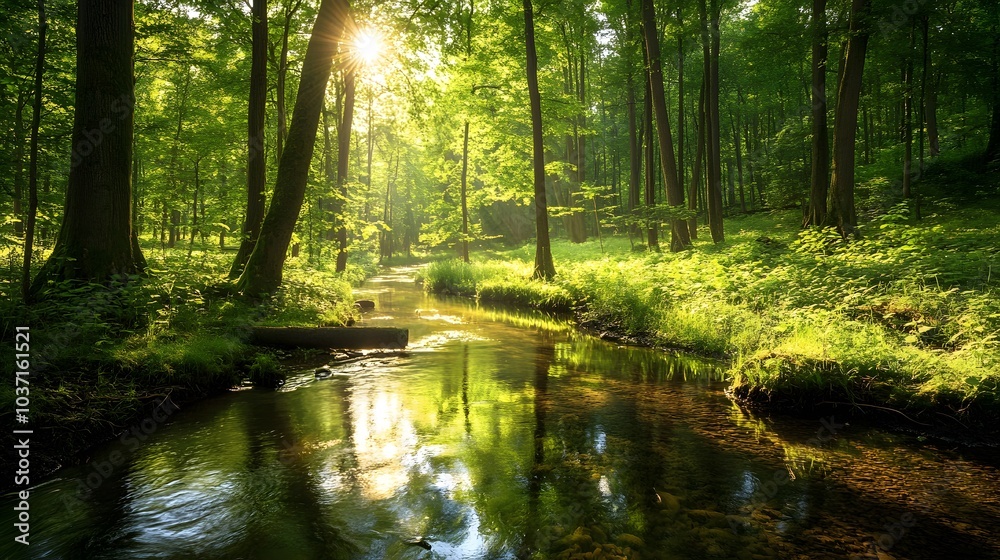 Obraz premium 173. A tranquil river winding through a lush forest, with sunlight filtering through the leaves
