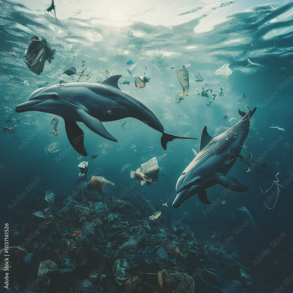 Fototapeta premium The Dire Consequences of Ocean Pollution: Plastics, Toxic Chemicals, and Waste Covering the Water’s Surface, Threatening Marine Life and Calling for Urgent Global Environmental Solutions