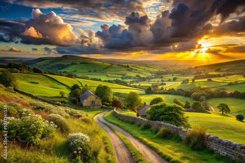 Naklejka premium Breathtaking English Landscape Panorama: Rolling Hills, Quaint Villages, and Vibrant Countryside Scenery
