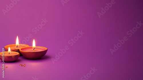 Three lit oil lamps are set against a vibrant purple background, symbolizing light and celebration in festive occasions.