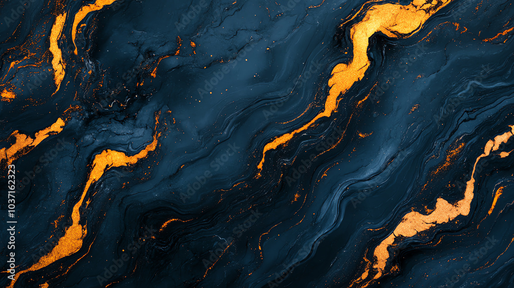 Naklejka premium Abstract illustration featuring flowing navy blue and gold waves, creating a dynamic and elegant visual design, perfect for modern backgrounds.
