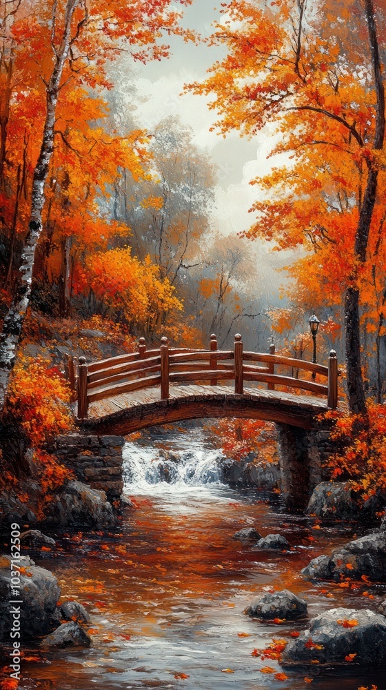 Autumn Forest Landscape Painting with Bridge and Waterfall Autumn Forest Landscape Painting with Bridge and Waterfall