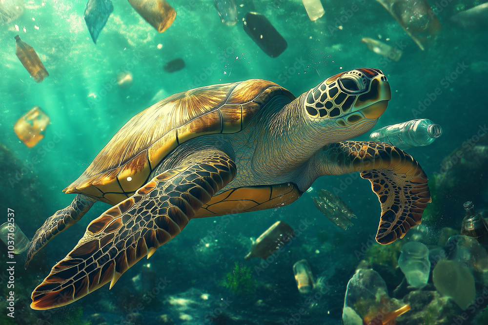 A Disturbing Image of Plastic Bags, Bottles, and Waste Polluting the Ocean’s Surface, Encapsulating the Grave Threats That Marine Wildlife Faces as Pollution Continues to Rise in Global Waters