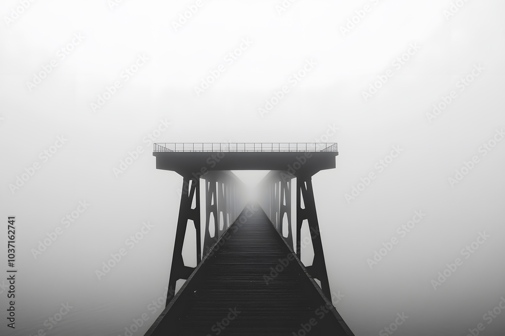 Straight bridge fades into dense fog, evoking a surreal sense of infinity as it disappears into the mist. Straight bridge fades into dense fog, evoking a surreal sense of infinity as it disappears into the mist.