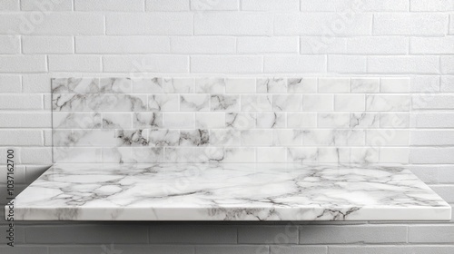 Elegant marble countertop and backsplash against crisp white brick wall, showcasing luxurious textures and minimalist design in modern kitchen or bathroom. photo