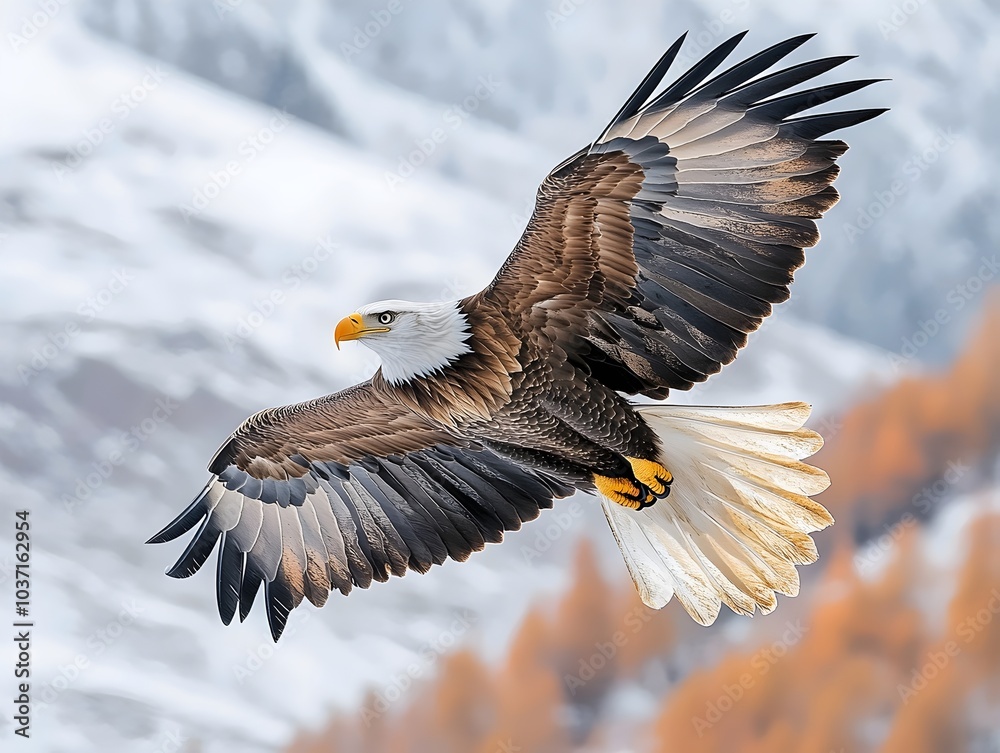 Fototapeta premium A majestic bald eagle soars gracefully through a snowy landscape, showcasing its striking white head and powerful wings against a blurred background.