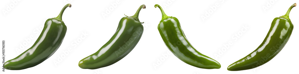 Four fresh green jalapeños arranged in a row, showcasing their smooth skin. on transparent cutout, PNG file Four fresh green jalapeños arranged in a row, showcasing their smooth skin. on transparent cutout, PNG file