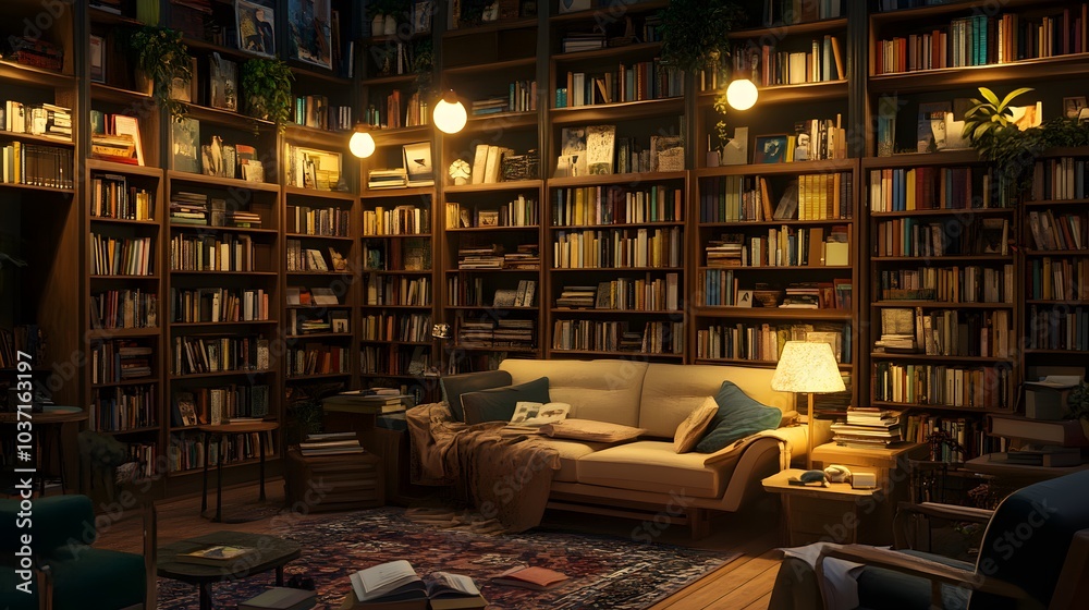 183. A cozy corner of a bookstore with soft lighting, bookshelves filled with books, and reading nooks