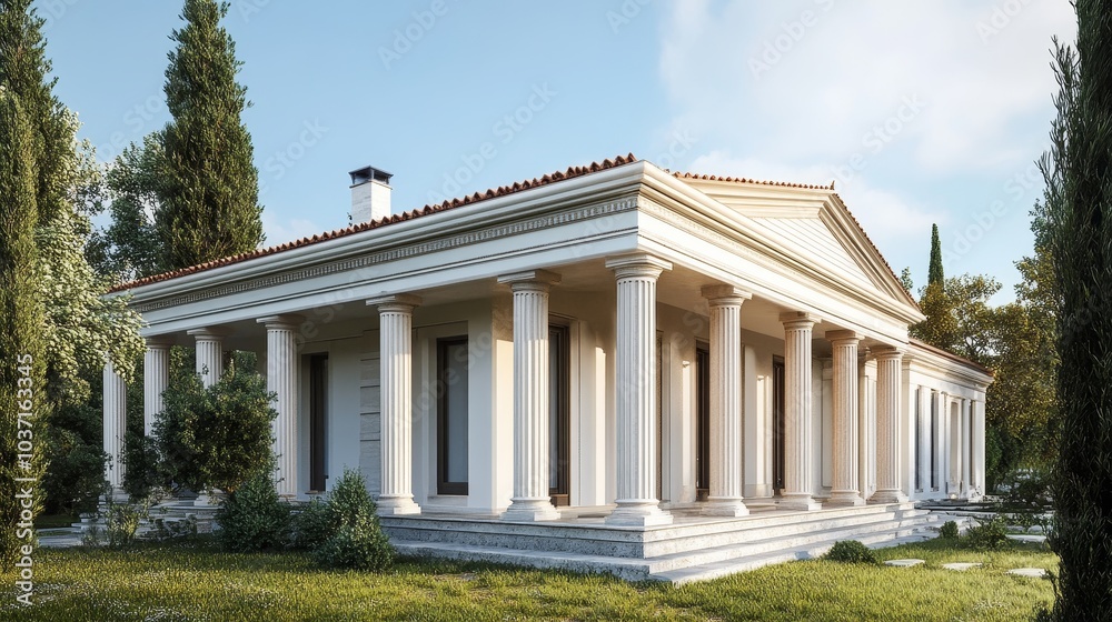 A stunning Greek-style building boasts tall classical columns, a tiled roof, and is surrounded by lush garden greenery. A stunning Greek-style building boasts tall classical columns, a tiled roof, and is surrounded by lush garden greenery.