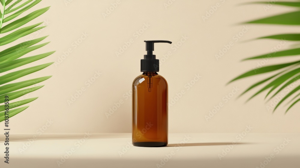 Mockup of an amber bottle with a pump cap placed on a beige backdrop, providing a sophisticated design for product displays. Mockup of an amber bottle with a pump cap placed on a beige backdrop, providing a sophisticated design for product displays.