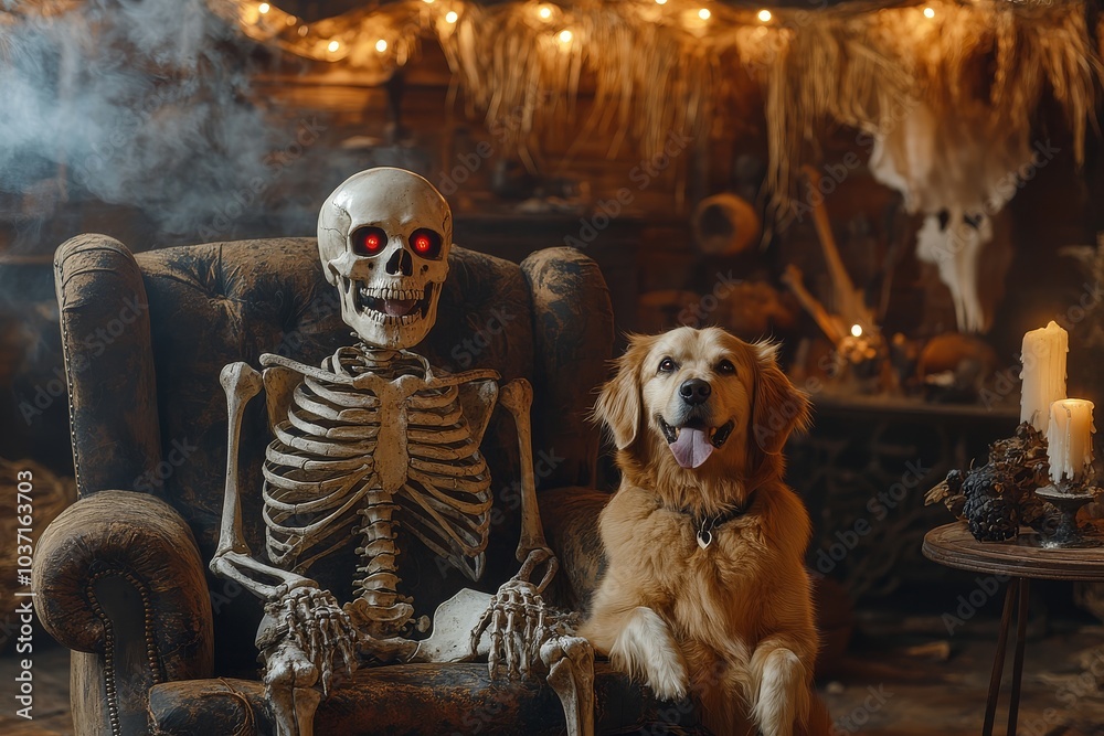 Eerie skeleton with red eyes and evil grin sitting on chair beside dog with tongue out in a room with wooden walls and mysterious candle smoke. Eerie skeleton with red eyes and evil grin sitting on chair beside dog with tongue out in a room with wooden walls and mysterious candle smoke.