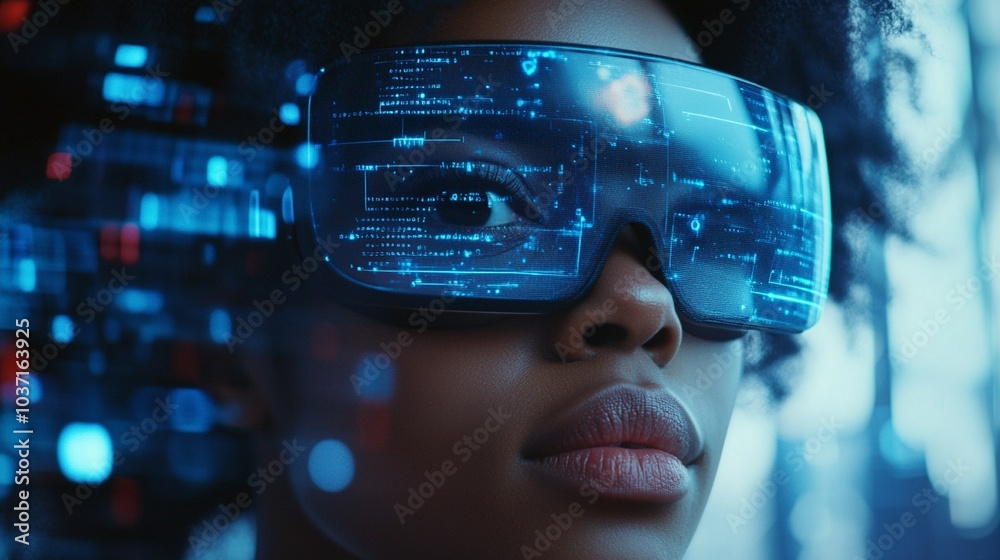 Futuristic virtual reality glasses display digital data and code, reflecting in sleek visor worn by user. Immersive technology concept with blue hues and bokeh lights.