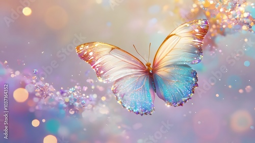 A vibrant digital butterfly effect with sparkling glitter trails, soft pastel lighting, whimsical and magical, delicate and intricate patterns, dreamy and fantastical mood