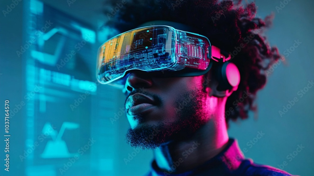Futuristic virtual reality headset illuminated with neon lights, worn by a person with curly hair in a cyberpunk-inspired setting, blending technology and human. Futuristic virtual reality headset illuminated with neon lights, worn by a person with curly hair in a cyberpunk-inspired setting, blending technology and human.