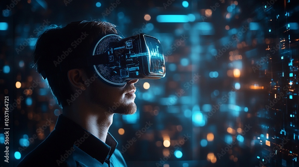 Futuristic profile of a person wearing a high-tech virtual reality headset, surrounded by glowing blue lights and digital particles in a dark, immersive environment. Futuristic profile of a person wearing a high-tech virtual reality headset, surrounded by glowing blue lights and digital particles in a dark, immersive environment.