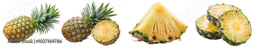 Set of fresh juicy pineapple and sliced half close up, cut out, isolated on transparent background, png photo photo