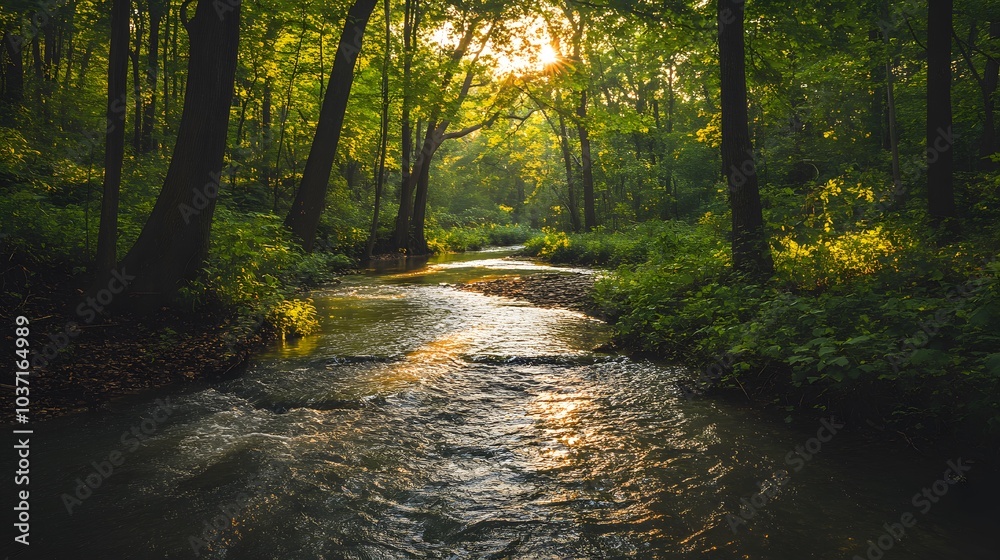 192. A serene river winding through a lush forest, with sunlight filtering through the leaves 192. A serene river winding through a lush forest, with sunlight filtering through the leaves