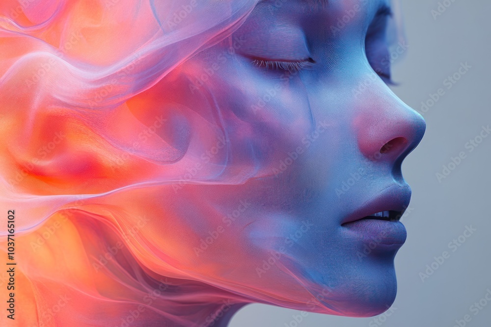 A surreal depiction of a woman's profile with ethereal, colorful flowing elements.