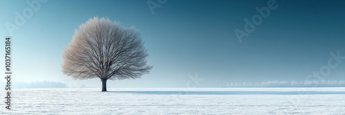 Serene Winter Expanse, a vast snowy field under a soft light, faint silhouettes of trees in the distance, evoking tranquility and solitude.