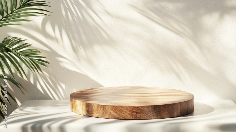 Sunlit wooden podium with palm leaf shadows casting intricate patterns, creating a serene tropical ambiance for product display or natural decor. Sunlit wooden podium with palm leaf shadows casting intricate patterns, creating a serene tropical ambiance for product display or natural decor.