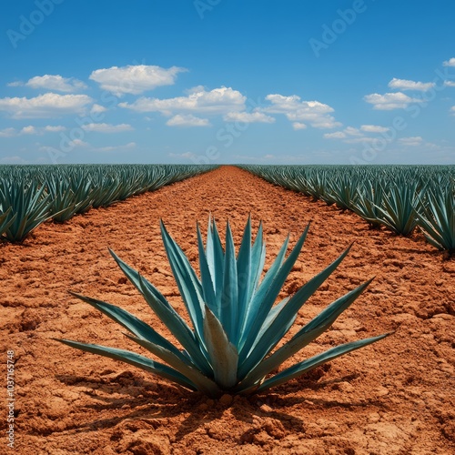 A vast field of agave plants under a blue sky with scattered clouds. photo