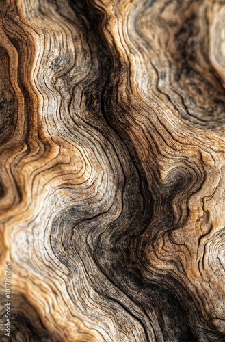 Close-up of the intricate and twisted texture of an ancient olive tree trunk, highlighting the natural patterns and colors.