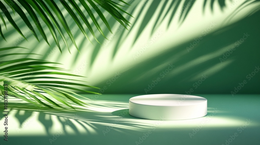 Minimalist product display podium with tropical palm leaf shadows casting on green background, creating a serene and exotic atmosphere for branding. Minimalist product display podium with tropical palm leaf shadows casting on green background, creating a serene and exotic atmosphere for branding.