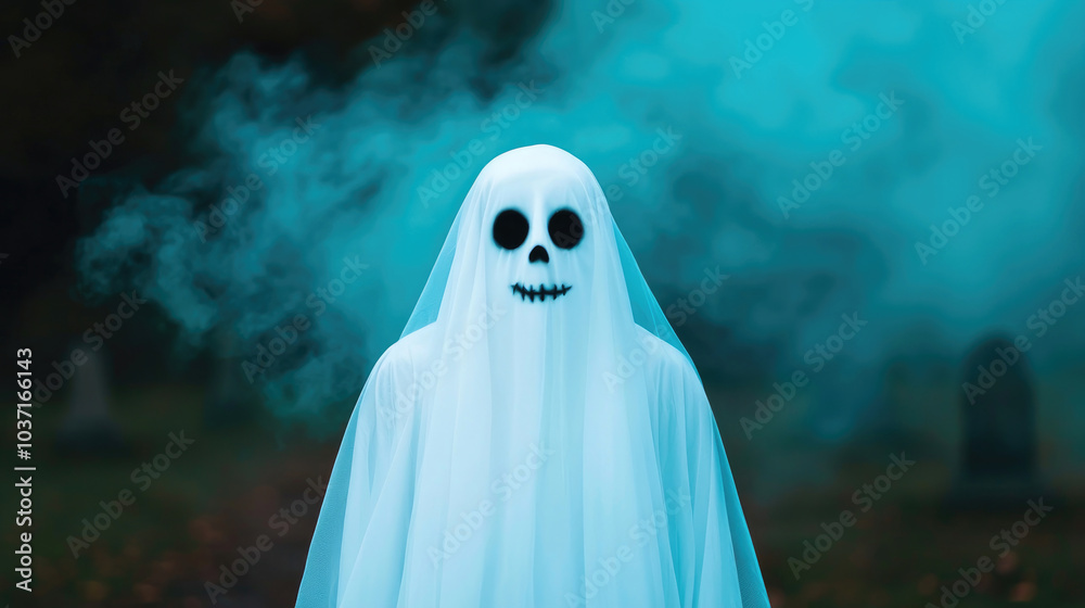 A ghostly figure in a white sheet stands amidst blue mist, evoking a spooky atmosphere typical of Halloween or haunted settings. A ghostly figure in a white sheet stands amidst blue mist, evoking a spooky atmosphere typical of Halloween or haunted settings.