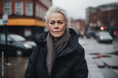 Portrait of a senior woman in a coat on the street.