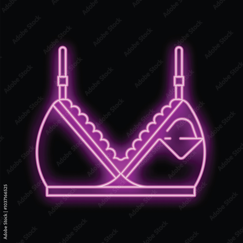 Neon illustration of a pink bra with lace, glowing on a black background Neon illustration of a pink bra with lace, glowing on a black background