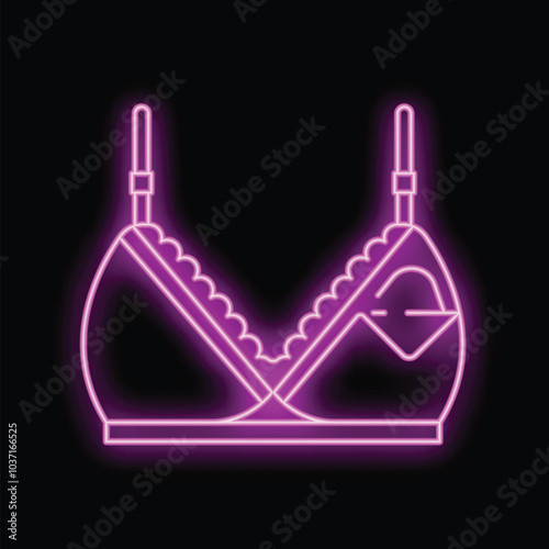 Neon illustration of a pink bra with lace, glowing on a black background