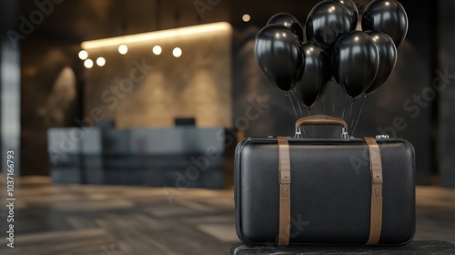 Suitcase with black balloons in the hotel lobby, Black Friday special offer for vacation and hotel stay photo