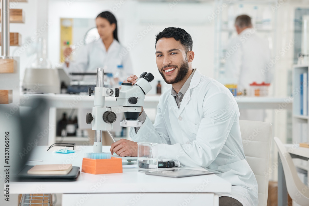Scientist, man and portrait by microscope in lab study, stats or smile for results with pride for research. Person, happy and excited for progress, pharmaceutical innovation or medicine in Costa Rica Scientist, man and portrait by microscope in lab study, stats or smile for results with pride for research. Person, happy and excited for progress, pharmaceutical innovation or medicine in Costa Rica