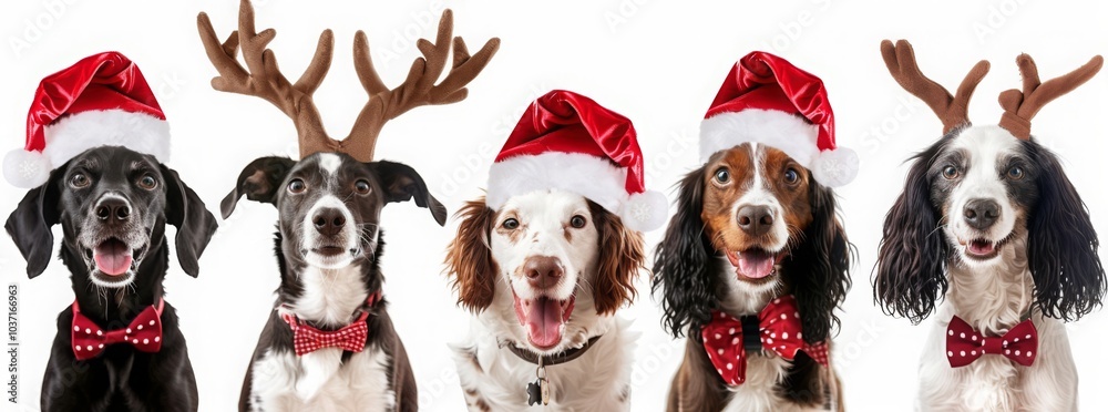 Obraz premium Adorable dogs in various festive costumes smiling at camera, featuring deer antlers, Santa hats, red bow ties, against pristine white background. 