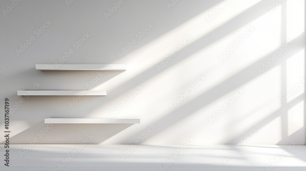 Minimalist white interior with floating shelves casting dramatic shadows on wall, creating a play of light and geometry in a serene, modern space.