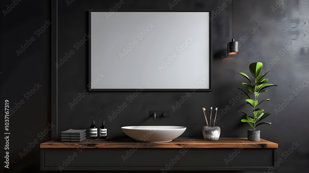 Minimalist Black Wooden Bathroom with Sleek Frame Mockup and Decor Minimalist Black Wooden Bathroom with Sleek Frame Mockup and Decor