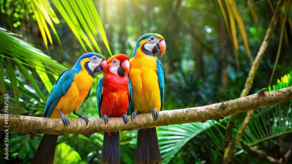 Obraz premium Brightly colored exotic parrots sitting on a tree branch amidst a jungle setting