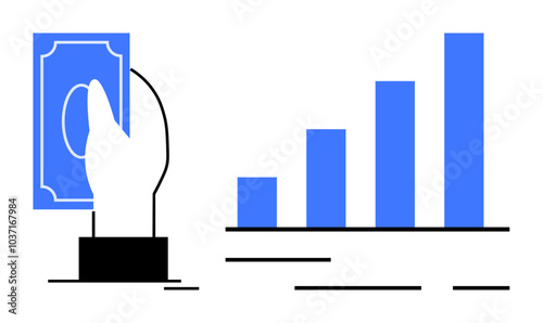 Hand holding money in front of a bar graph with ascending blue bars on a white background. Ideal for financial growth investment business analytics savings profitability and economic success