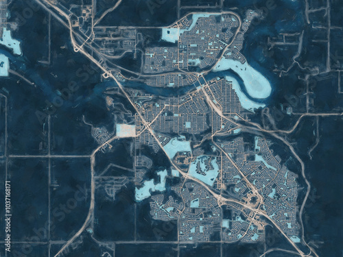 Painterly Style City Map of Medicine Hat Alberta, Canada in a Blue Color Scheme.