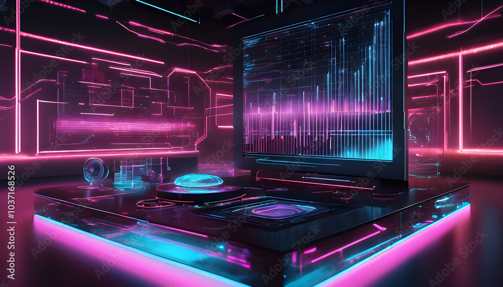 Hologram chart data with blue and pink lights projected floating over a black surface, looking like a futuristic laboratory. Hologram chart data with blue and pink lights projected floating over a black surface, looking like a futuristic laboratory.