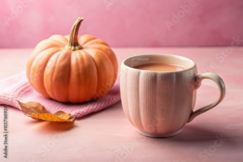 Cheerful Autumn Vibes with Pink Mug and Playful Pumpkin on Pastel Background